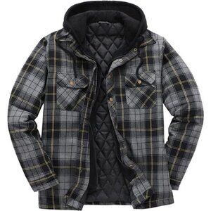 Plaid Flannel Shirt Jacket Men's Quilted Hooded Winter